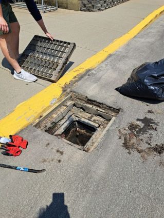 An intern places a metal grate back over a storm drain after cleaning out a LittaTrap